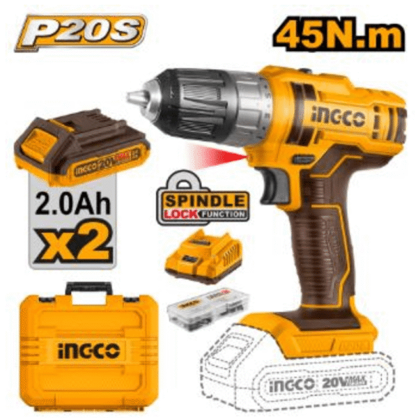 Ingco Cordless Drill 20V Kit with 2 Bat